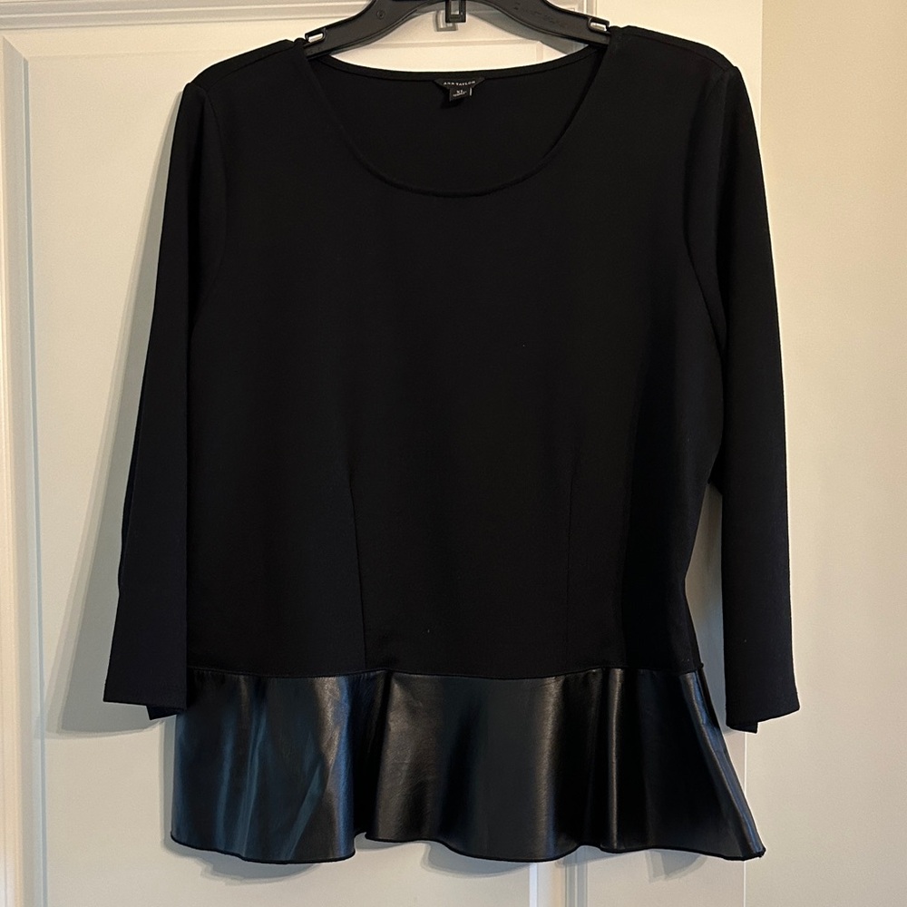 Ann Taylor Black Top with Faux Leather Hem